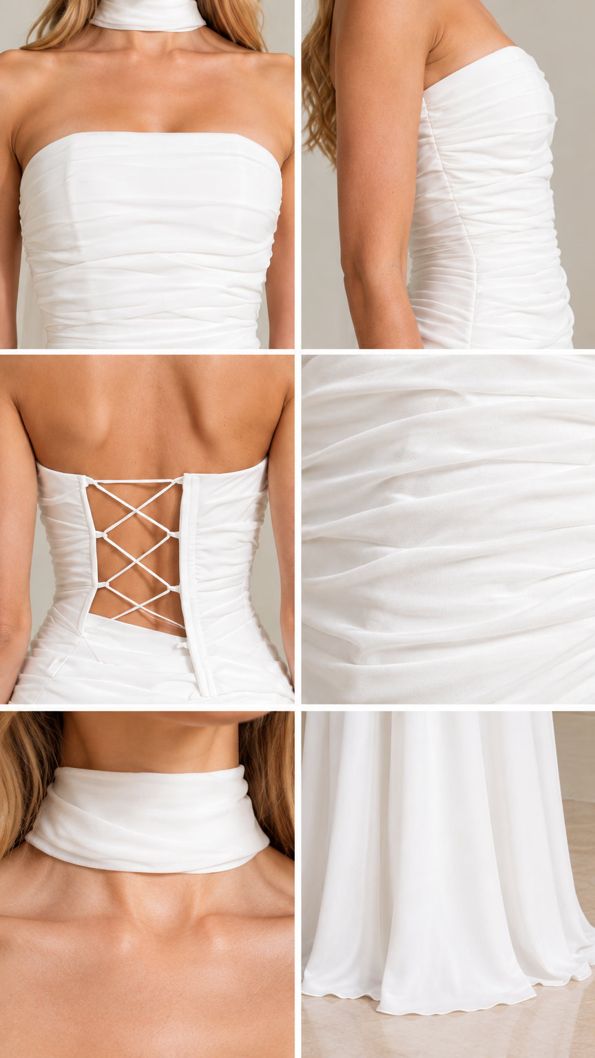Detailed collage of strapless neckline, side ruching, lace-up back, and hem drape