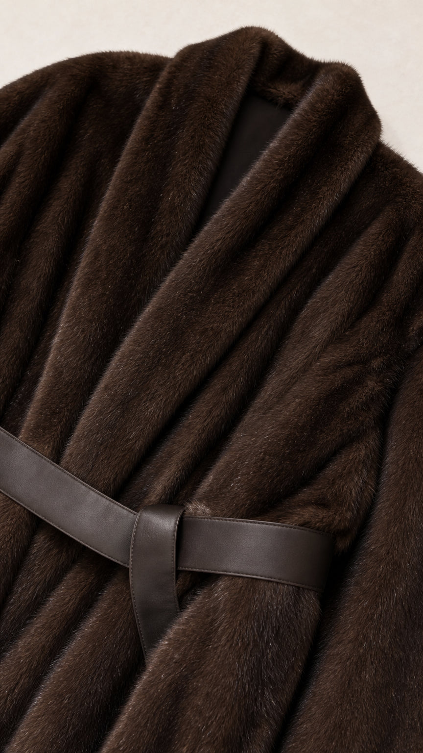 Close-up detail of plush dark brown faux fur texture and contrast waist belt