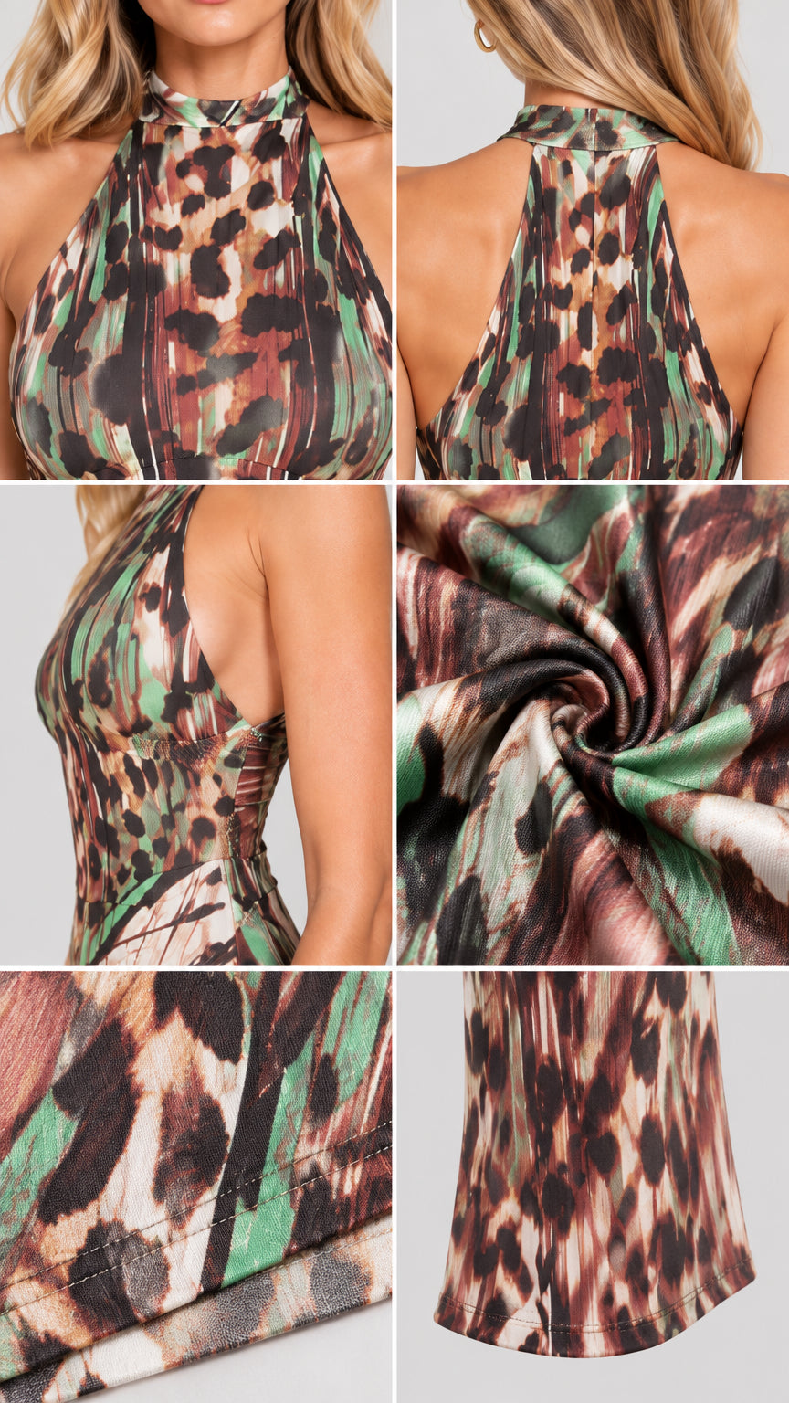 Detail collage showing high halter neck, side seam fit, stretchy fabric texture, and hemline