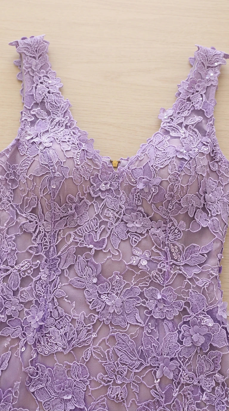 Close-up detail of lavender floral embroidered lace fabric and scalloped neckline