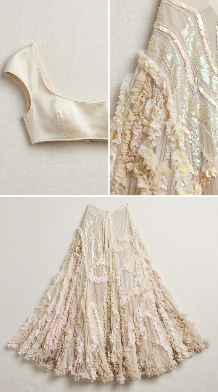 Detailed flat lay showing fabric texture, sequin embellishments, and skirt construction