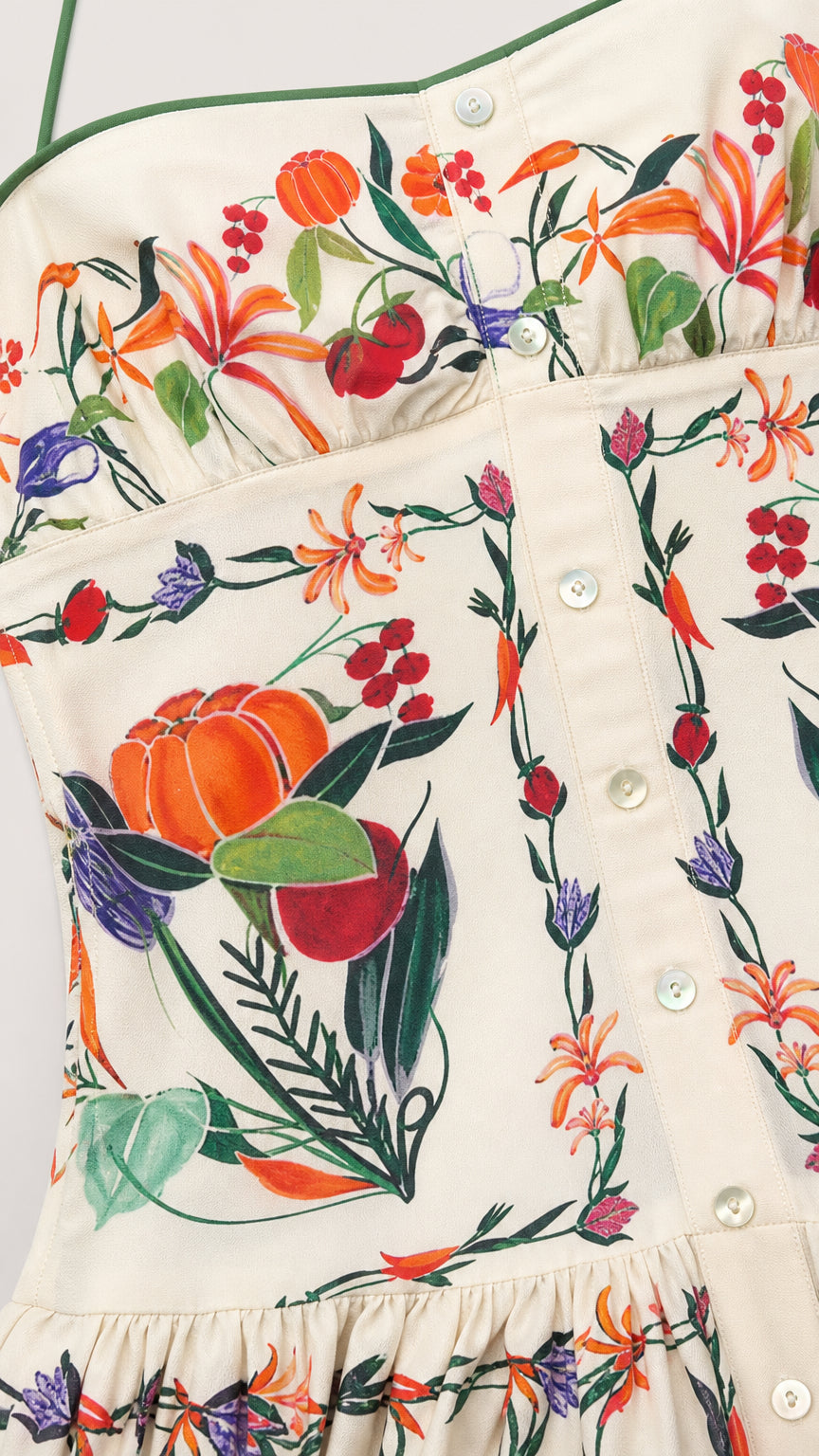 Close-up detail of button-front bodice and vibrant botanical print fabric