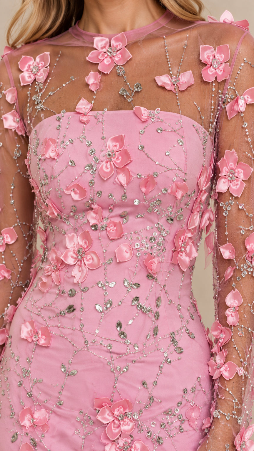 Close up of sheer illusion neckline with pink 3D flower appliqués and sequins