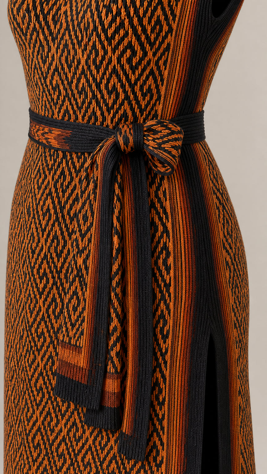 Close-up detail of geometric jacquard knit fabric and self-tie belt sash