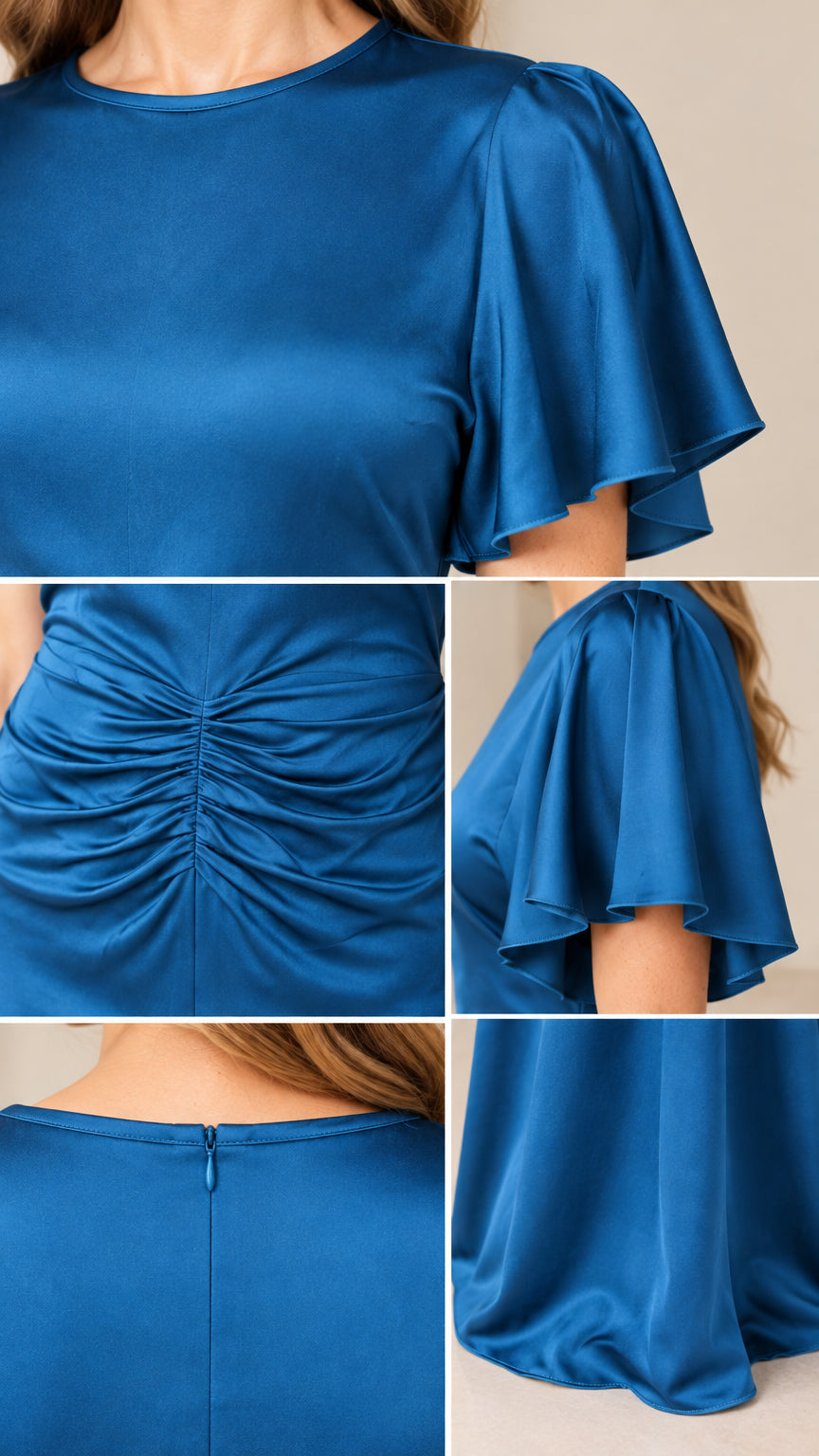 Close-up details of neckline, ruched waist, flutter sleeves, and hidden zipper on blue satin dress
