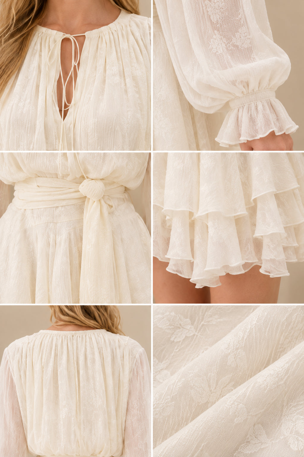Close-up details of the keyhole neckline, tie sash, ruffle cuffs, and textured fabric in Ivory