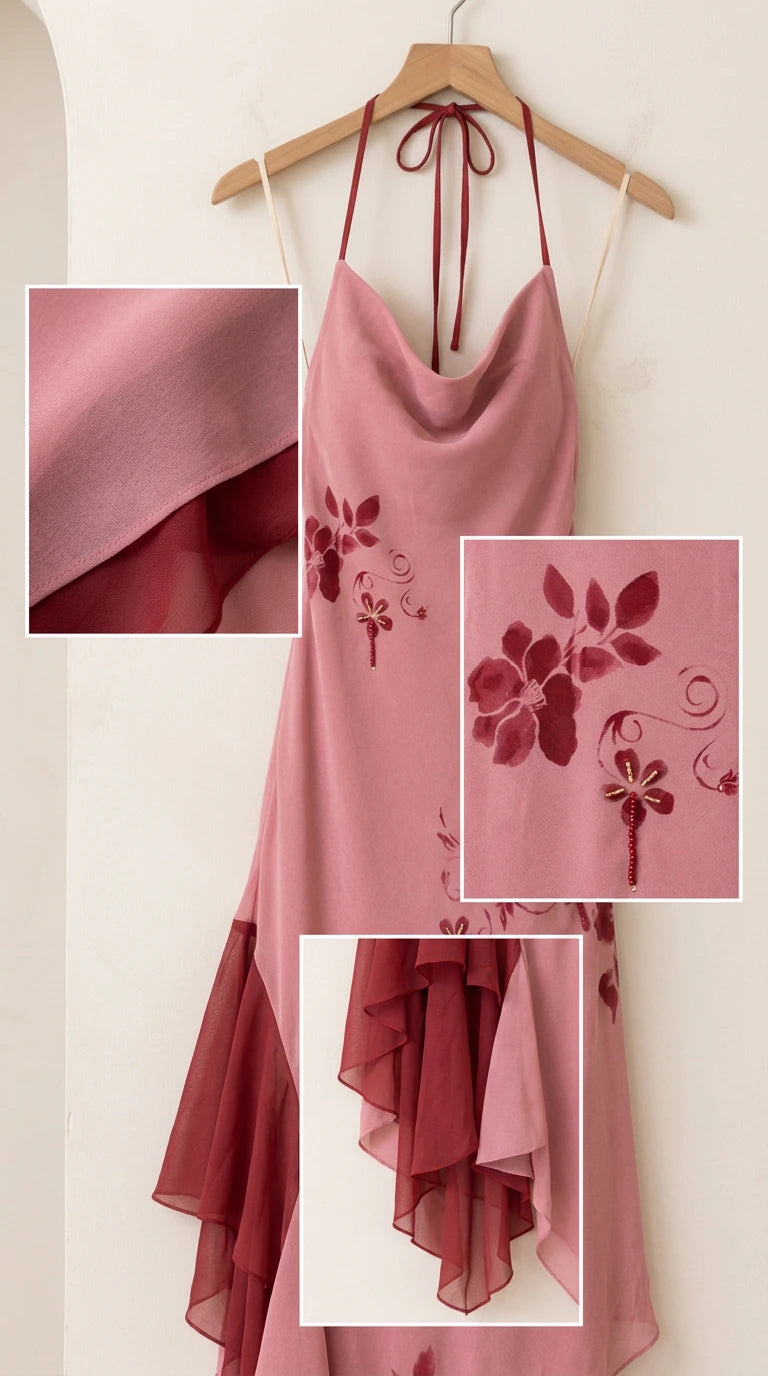 Detailed close-up of embroidery, halter neckline, and tiered ruffled hem