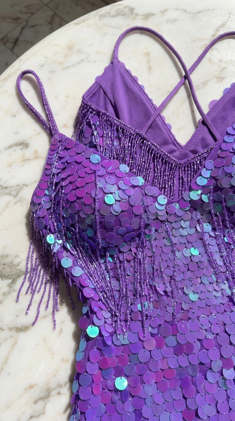 Close-up detail of purple sequin texture, interior lining, and delicate fringe trim