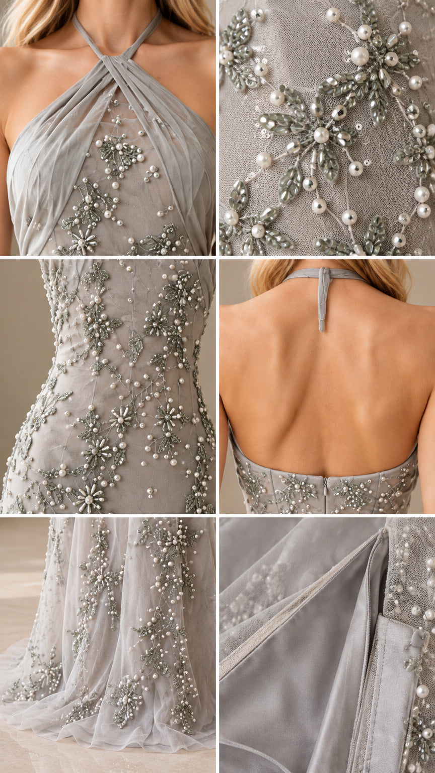 Close-up details of pearls, beaded embroidery, halter neckline and lining