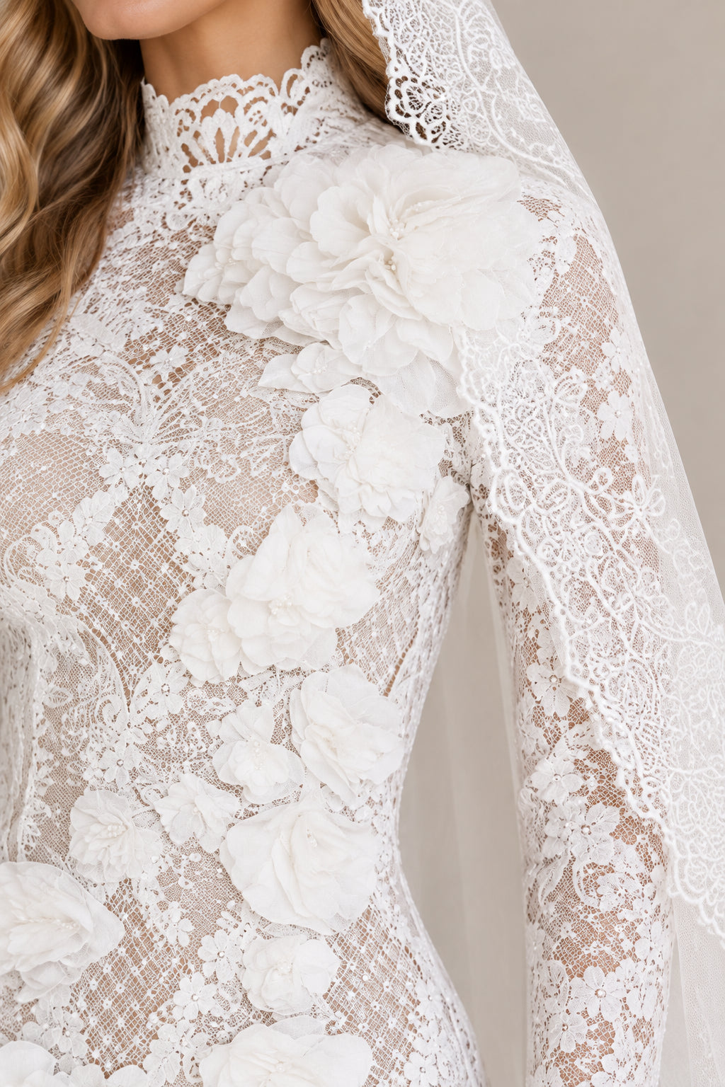 Close-up detail of 3D rosette flower appliqués and high lace mock neckline