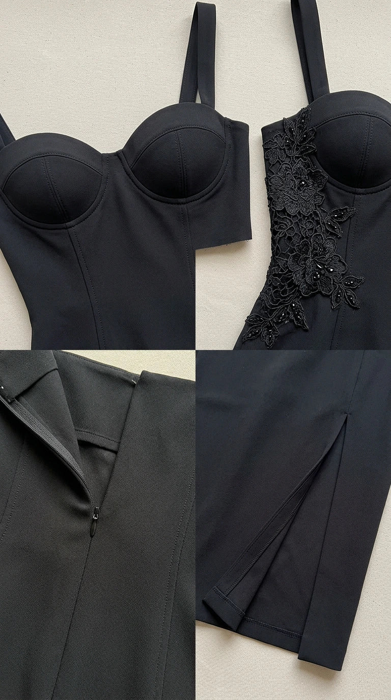 Close-up detail shots of structured bustier cups, zip closure, and side slit seam