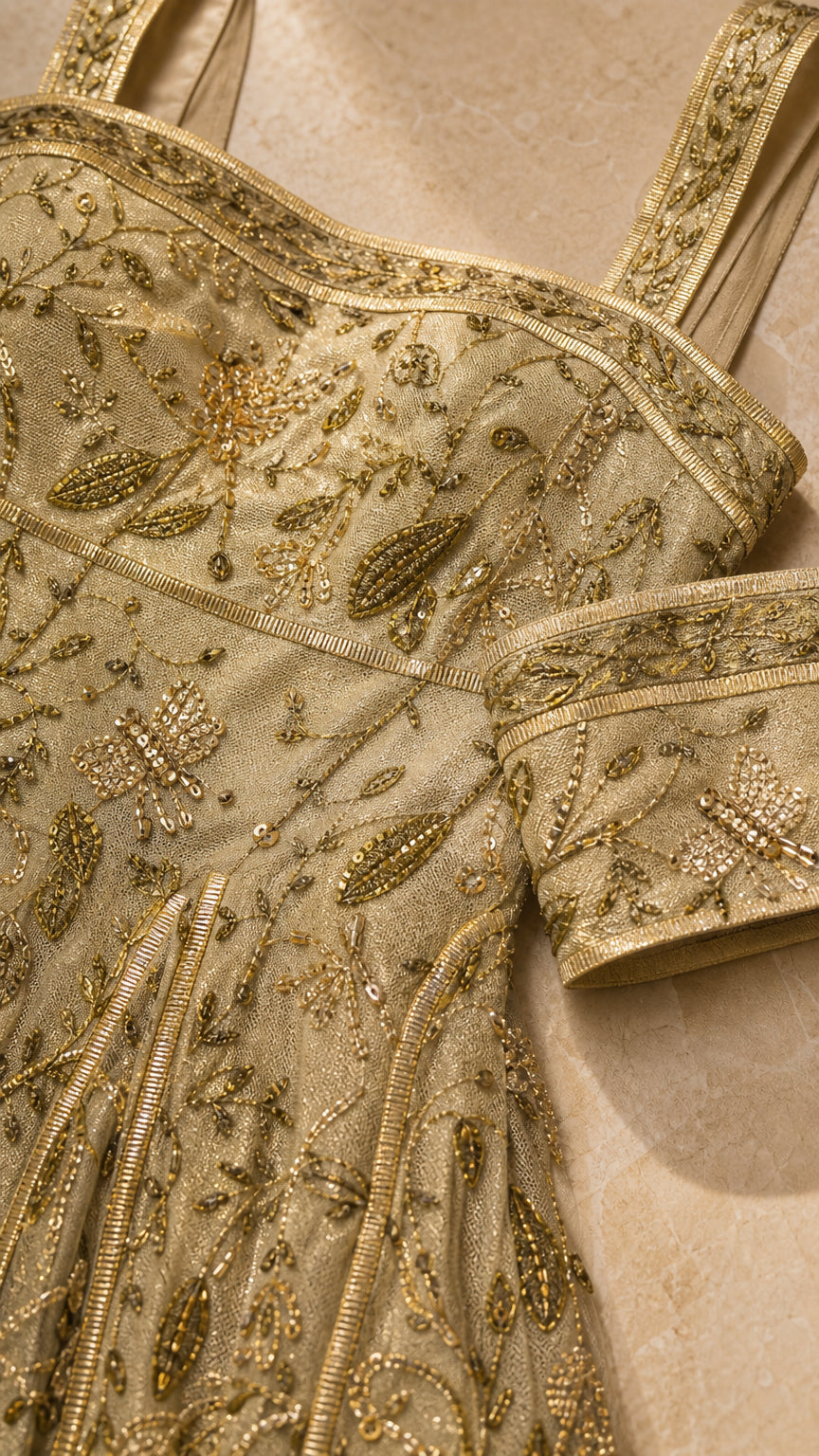 Close-up detail of metallic floral embroidery and beading on square neckline and bodice