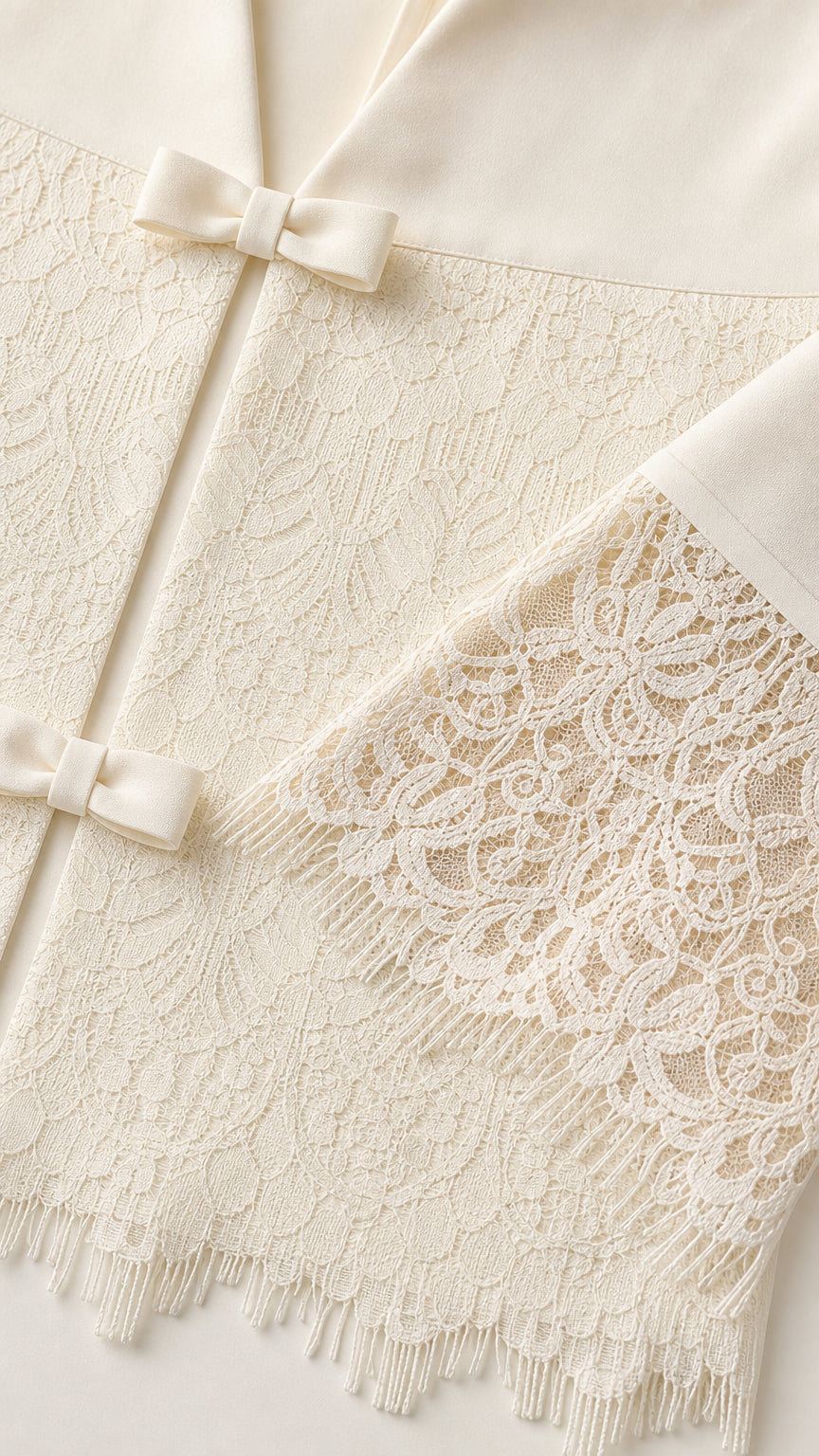 Close-up detail shot of ivory lace hem and delicate front bow closure