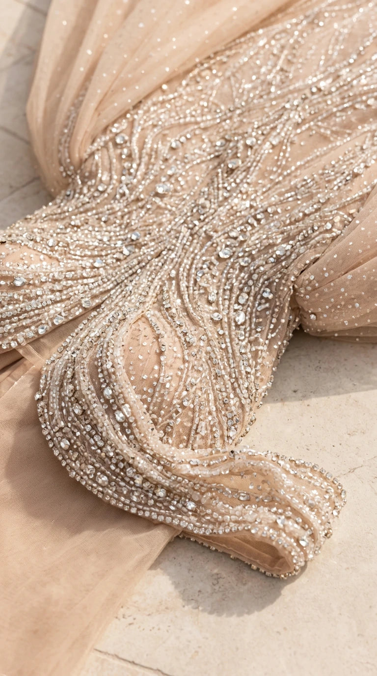 Close-up detail of sparkling crystal beading and sequin embellishments