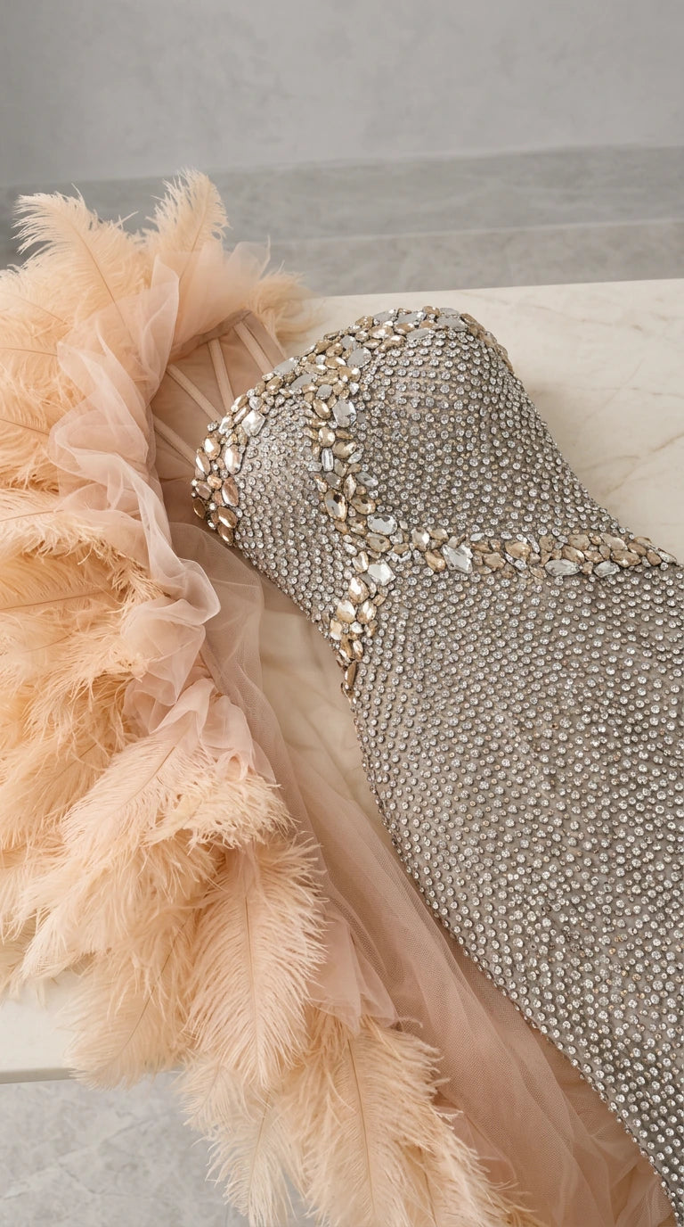 Close-up detail of crystal beadwork and rhinestone embellishments on the strapless bodice