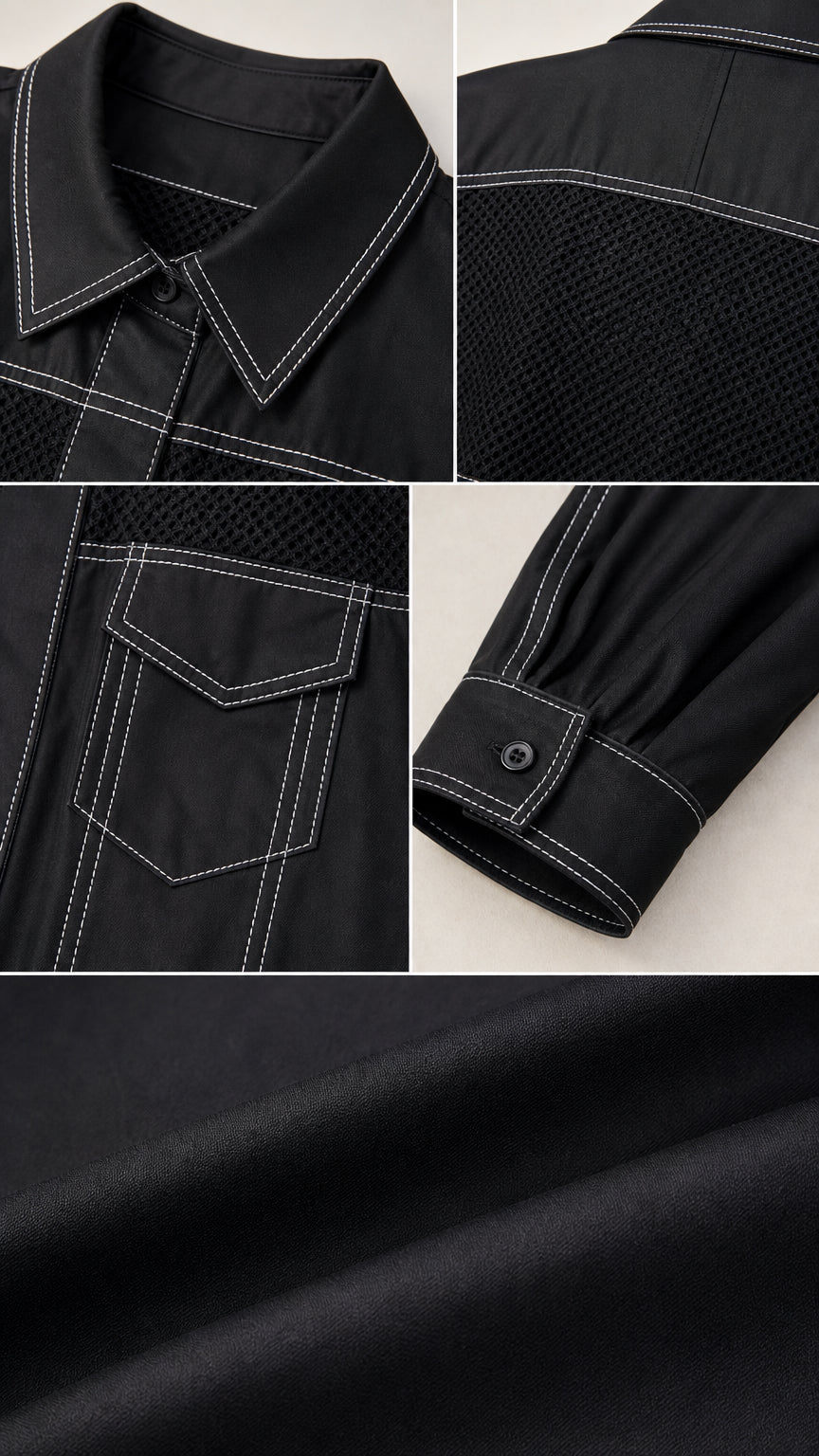 Close-up details of collar, contrast stitching, flap pocket, button cuff, and fabric texture