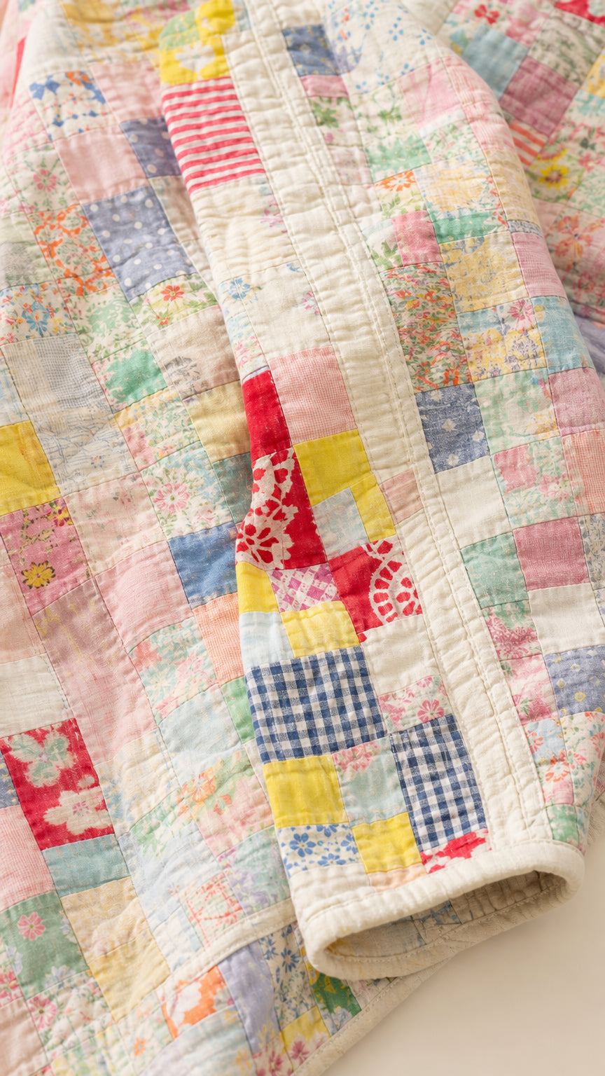 Close-up detail of quilted floral and gingham patchwork fabric and piped edging
