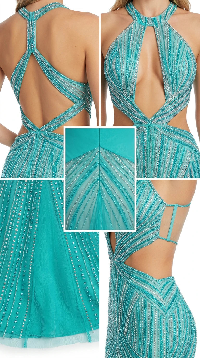 Close-up details of neckline, back straps, waist cutouts, and hem beading