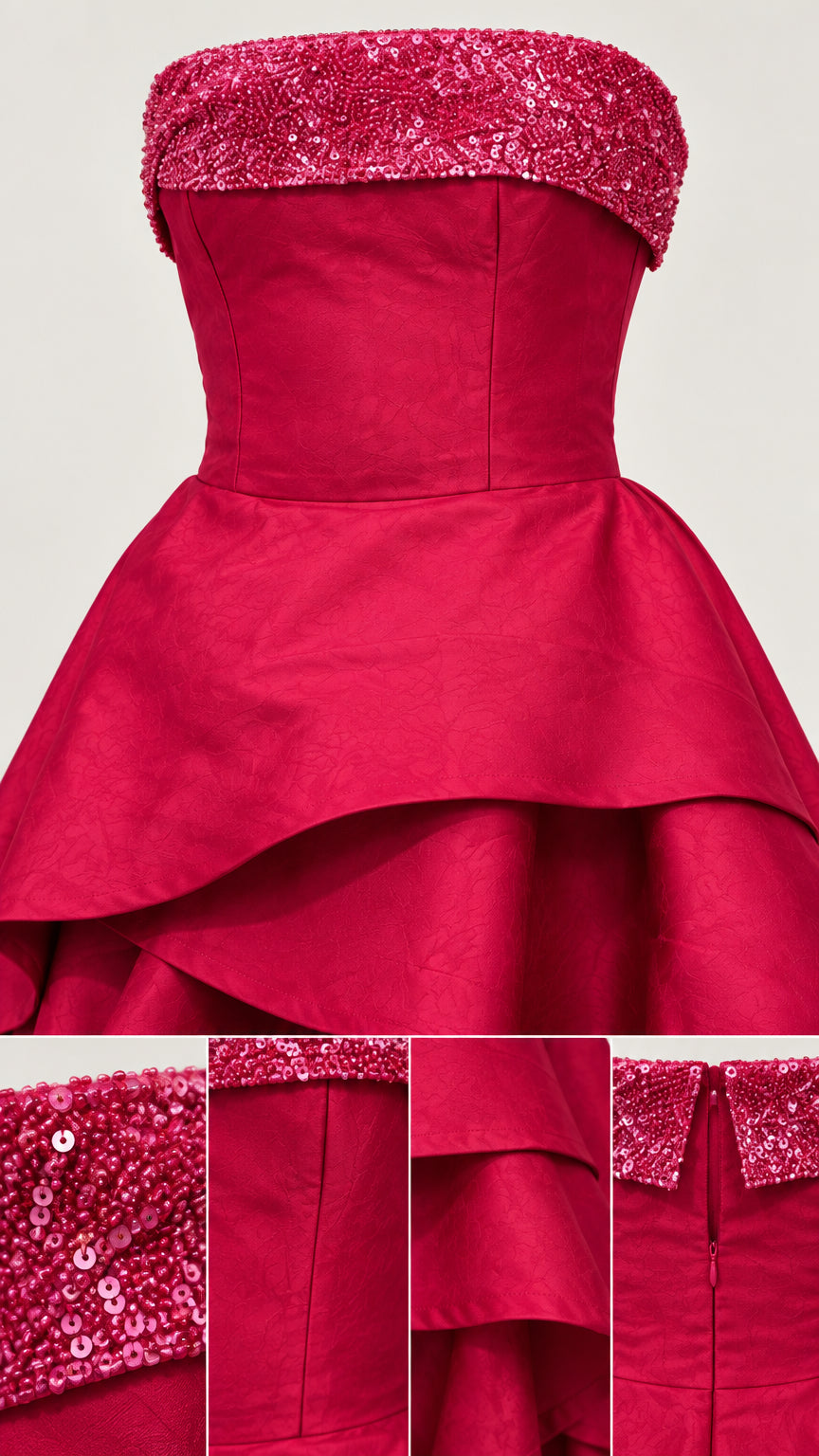 Close-up details of sequin bust trim, bodice seams, and layered ruffles on Fuchsia dress