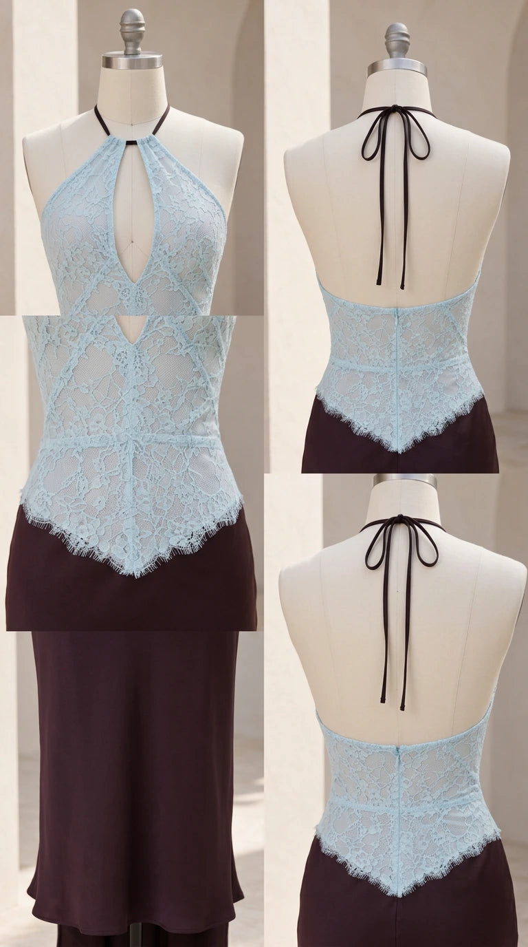 Mannequin detail shots showing lace bodice, keyhole cutout, and back tie of the gown