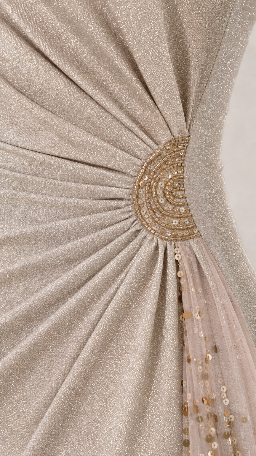 Close-up detail of side-waist ruching with beaded circular embellishment