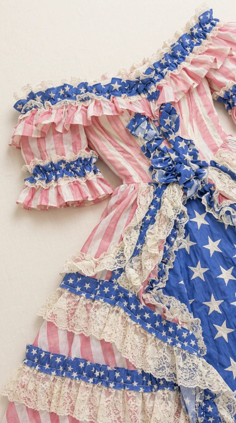 Detailed close-up of lace trim, ruffles, and star print on bodice and skirt