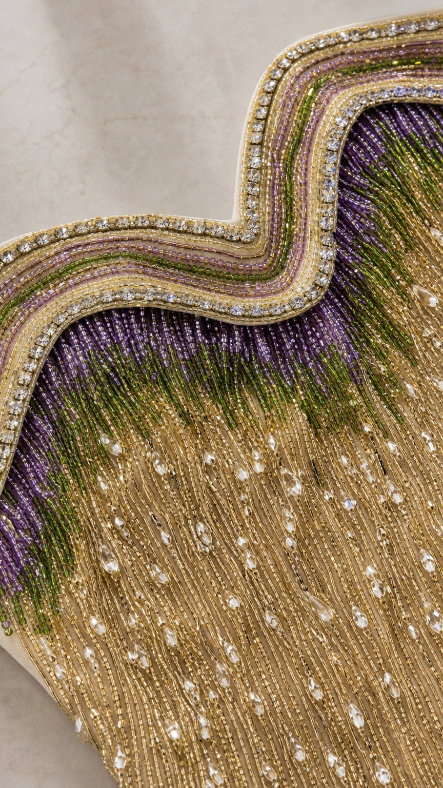 Close-up detail of chevron bead and crystal embroidery