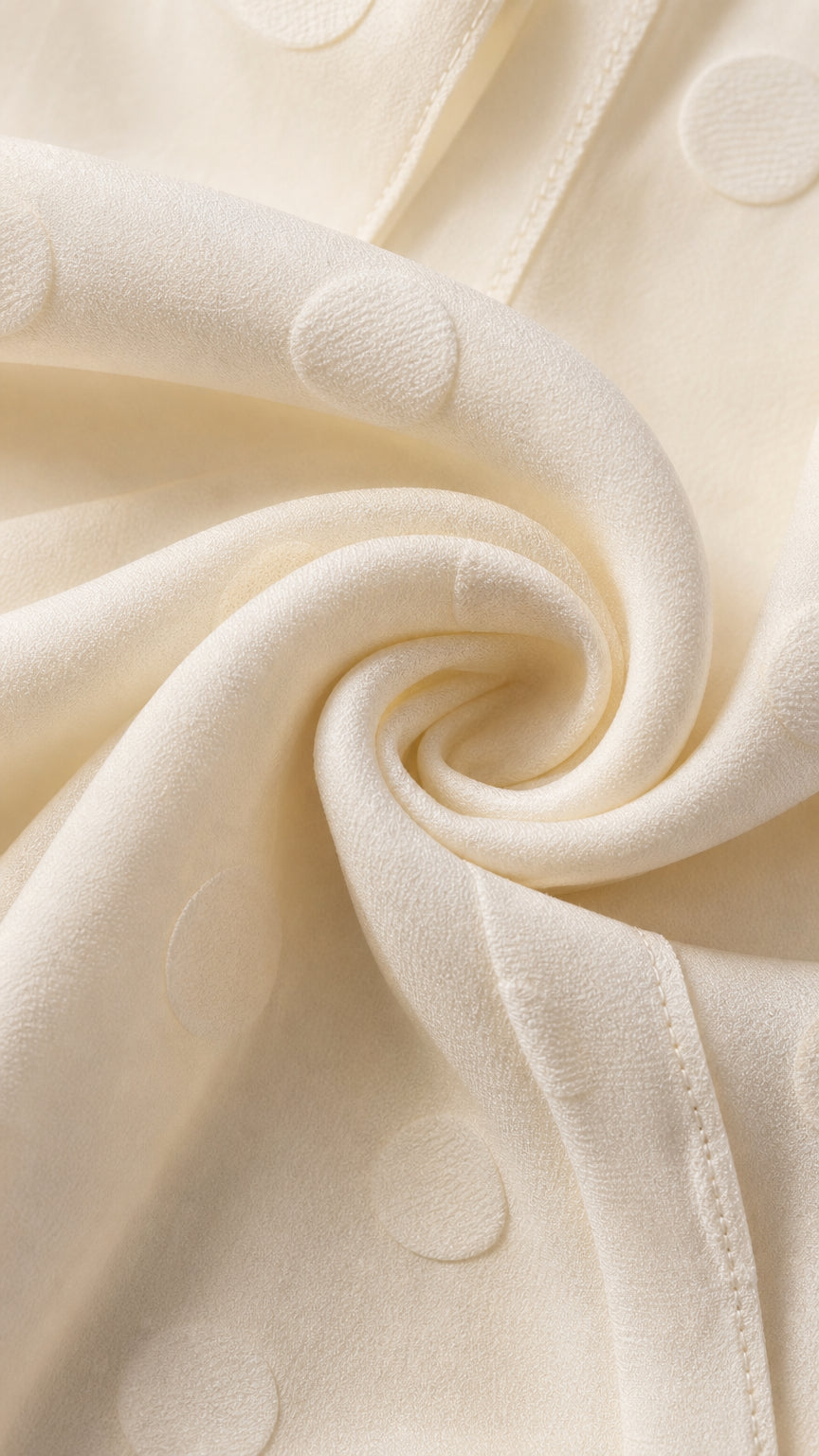 Close-up detail of cream textured polka dot jacquard fabric
