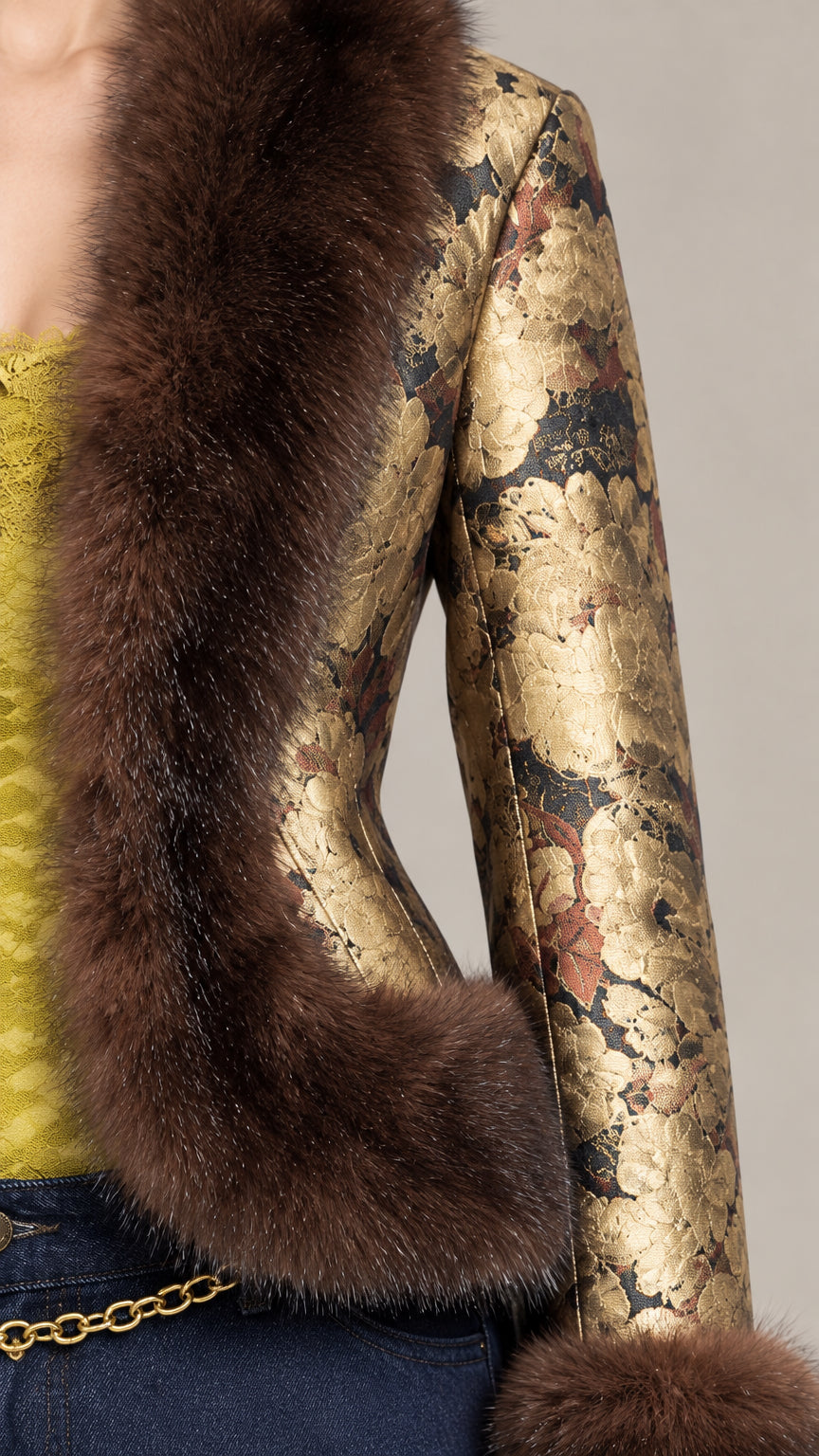 Close-up detail of metallic floral brocade fabric and brown plush faux fur trim