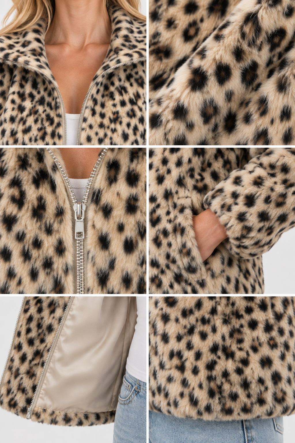 Close-up collage showing collar, plush texture, zipper pull, side pocket, and smooth inner lining