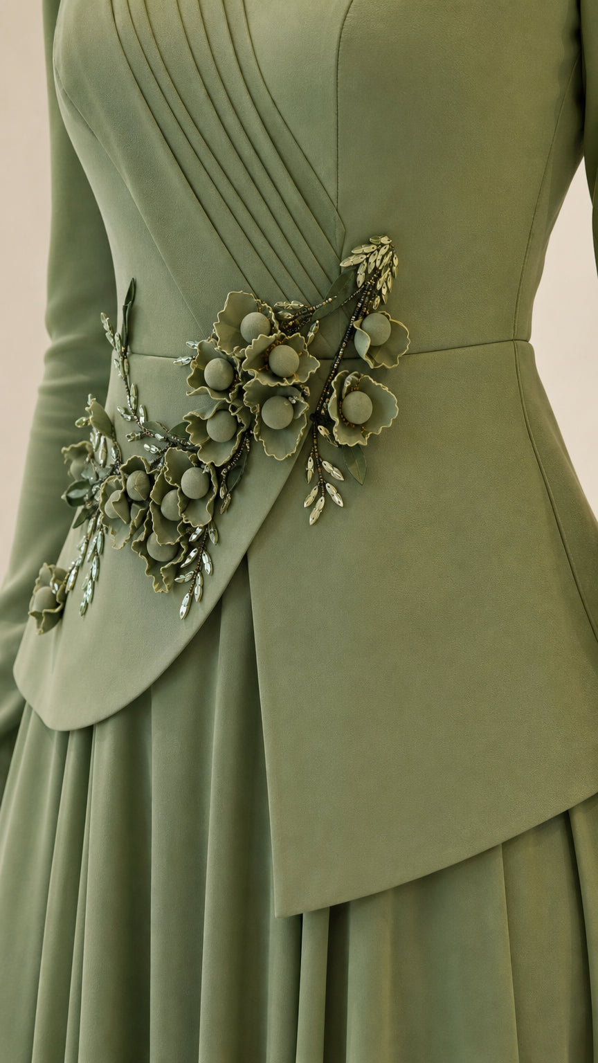 Close-up detail of 3D floral beadwork and diagonal pleated neckline on sage green dress