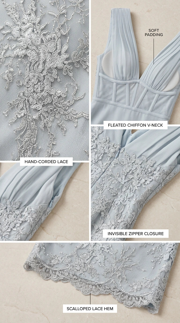 Detailed close-ups of hand-corded lace, pleated chiffon V-neck, padding, zipper, and scalloped hem