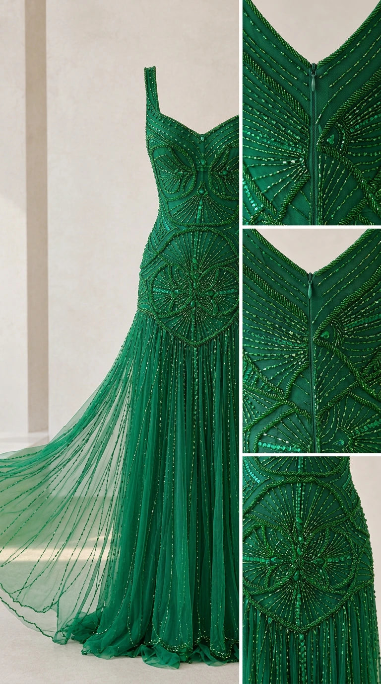 Close-up details of emerald green beaded embroidery and back zipper