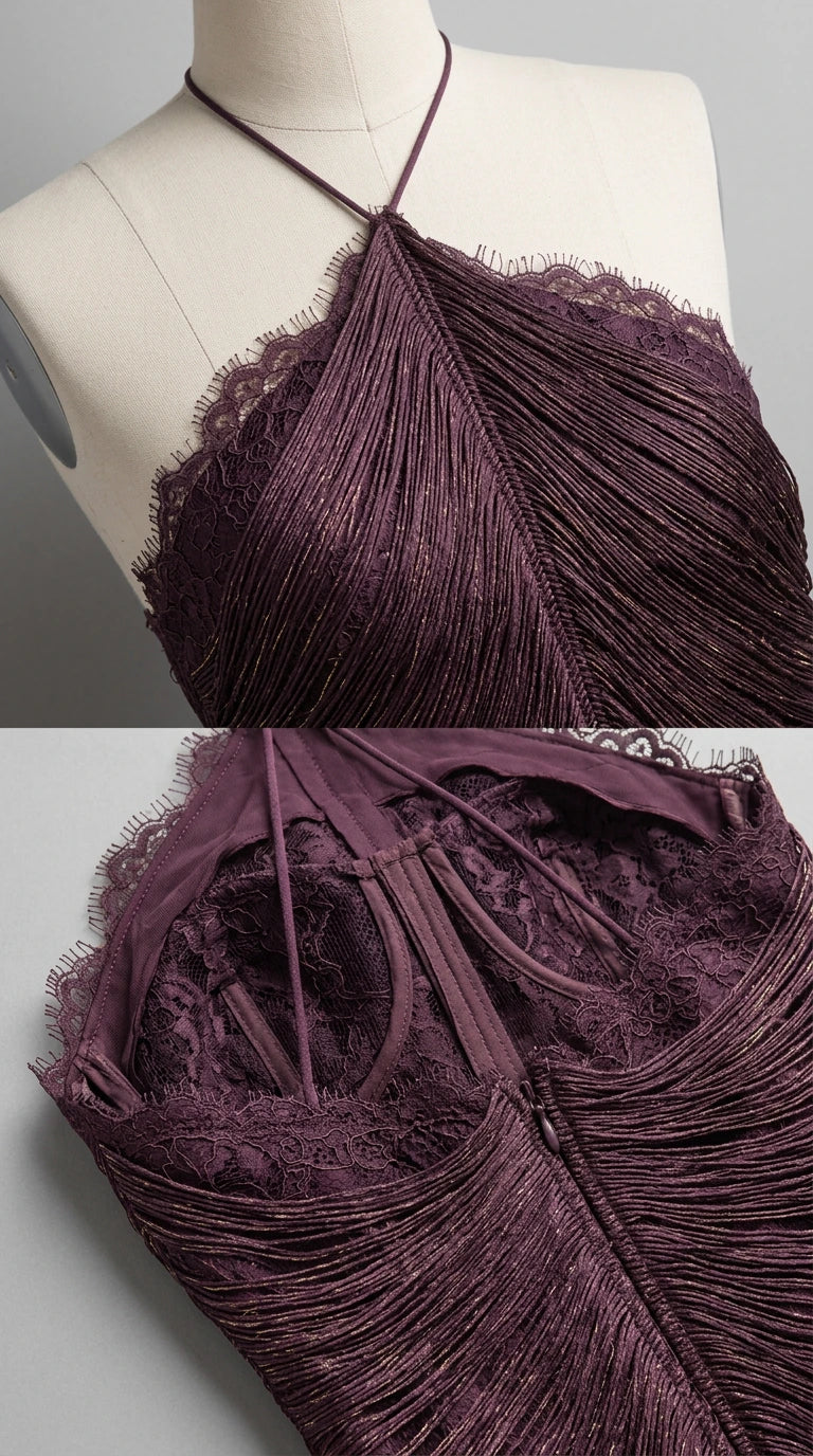 Close-up detail of halter neckline, eyelash lace trim, and inner bodice construction