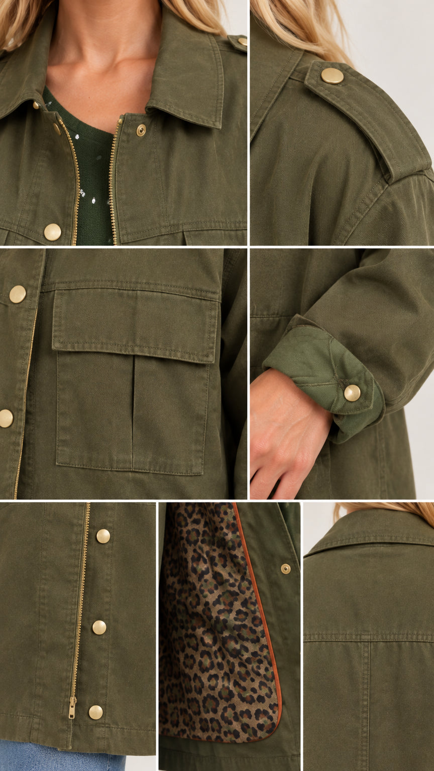 Detail view of collar, epaulets, flap pockets, and leopard print inner lining