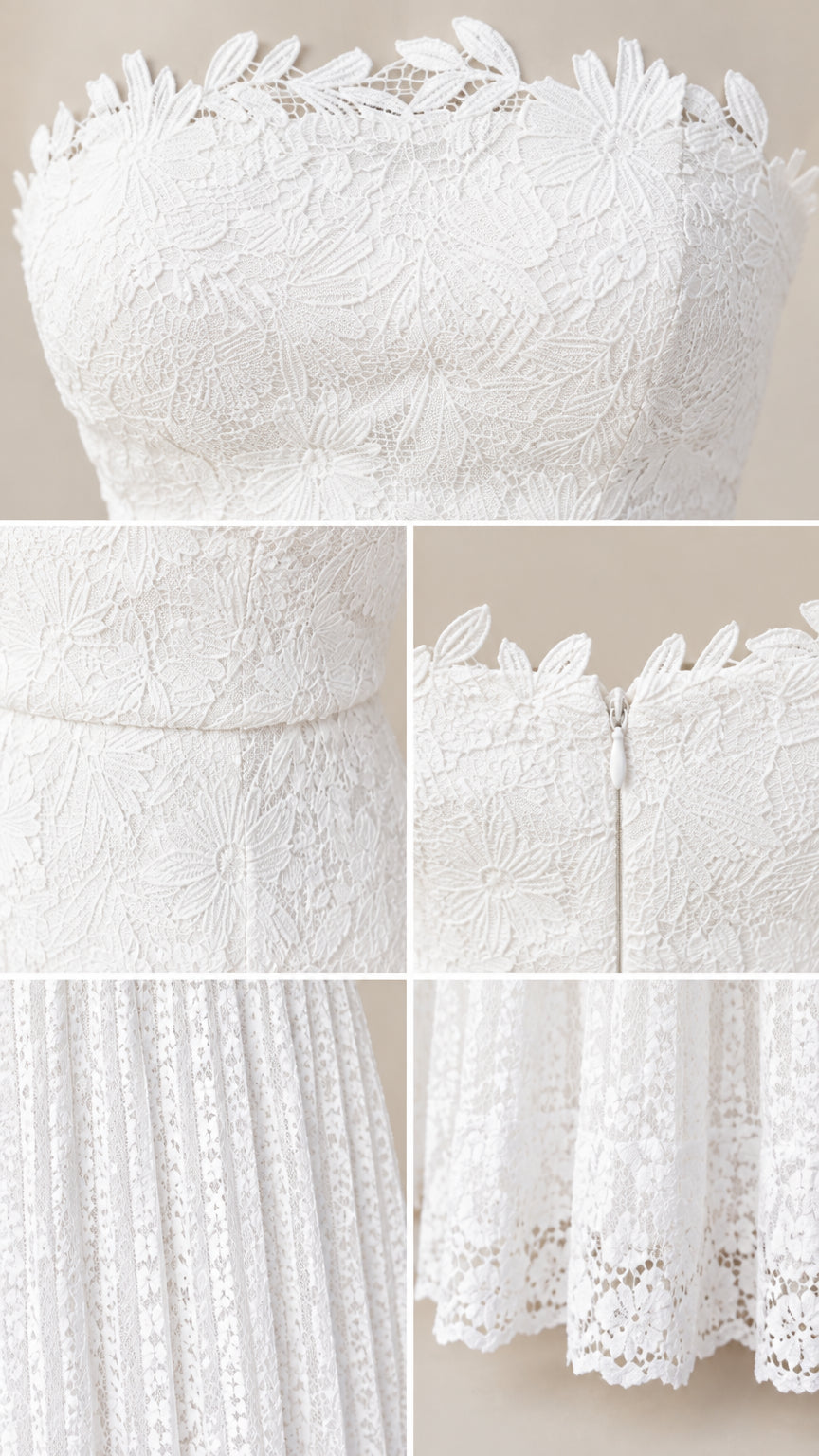 Close-up details of floral scalloped neckline, waist seam, zipper, and pleated lace hem