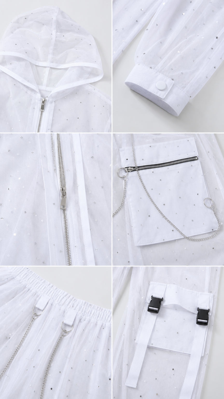 Detailed close-up of sheer mesh hood, zip pockets, chains, and buckle accents