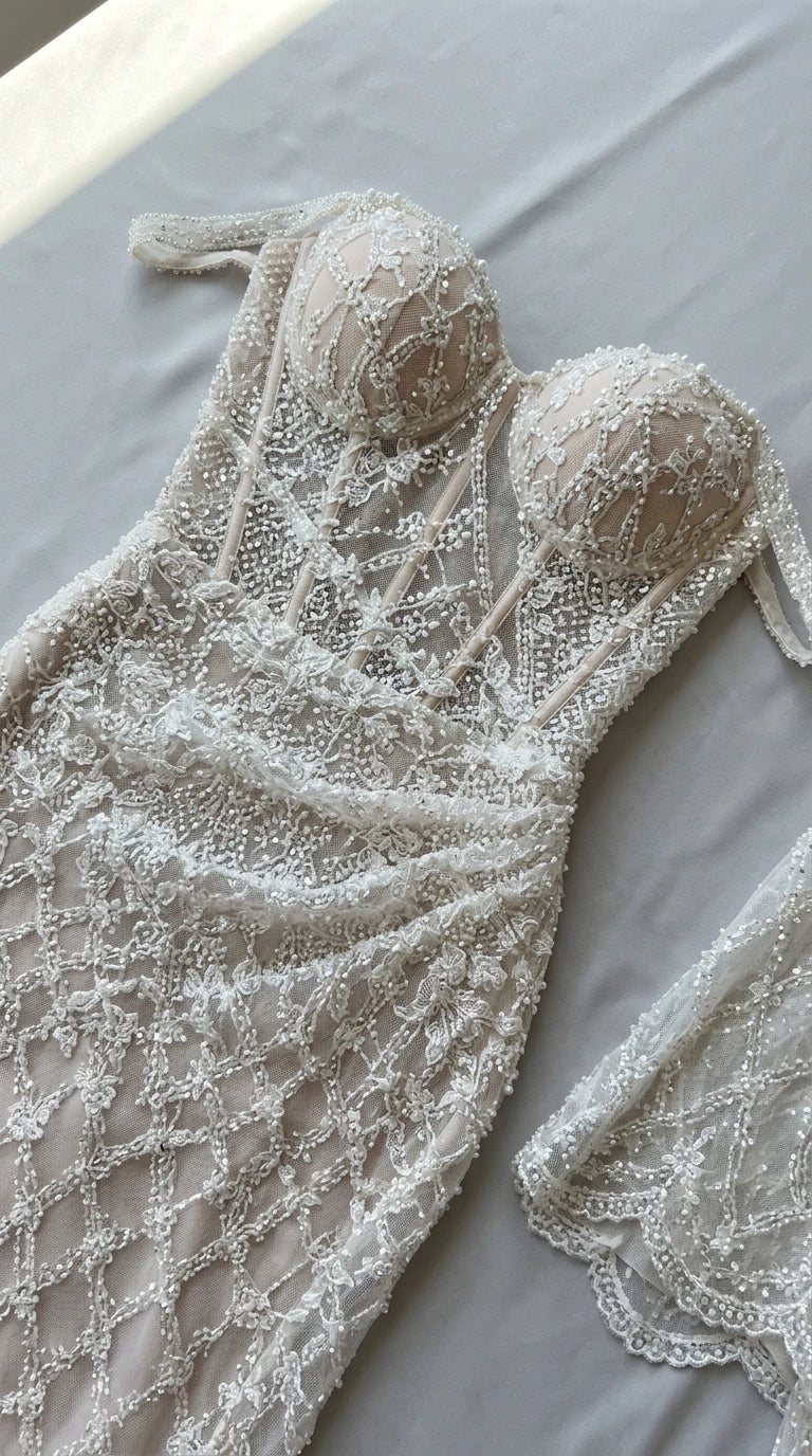 Close-up flat lay of ivory corset bodice with intricate lattice beadwork and sweetheart cups
