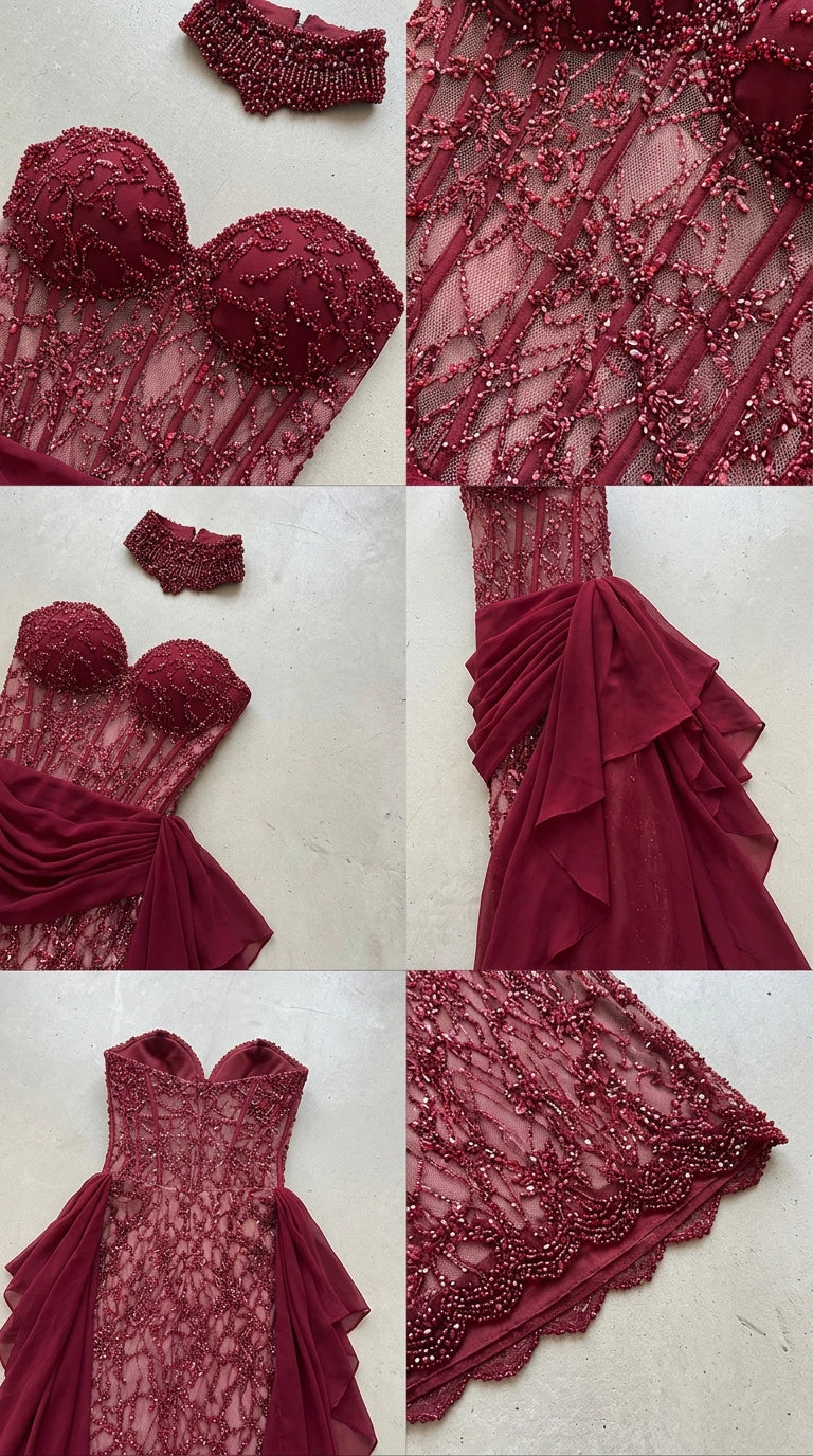 Detailed close-up collage of beaded lace fabric, corset cups, and chiffon sash