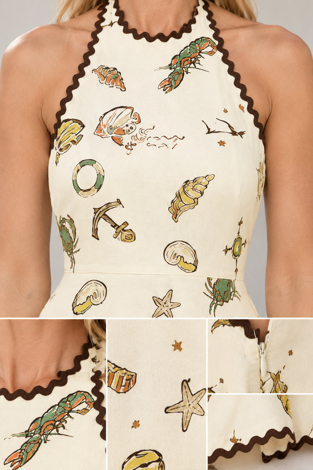 Close-up detail of cream marine life print fabric, neckline, and contrast ric-rac trim