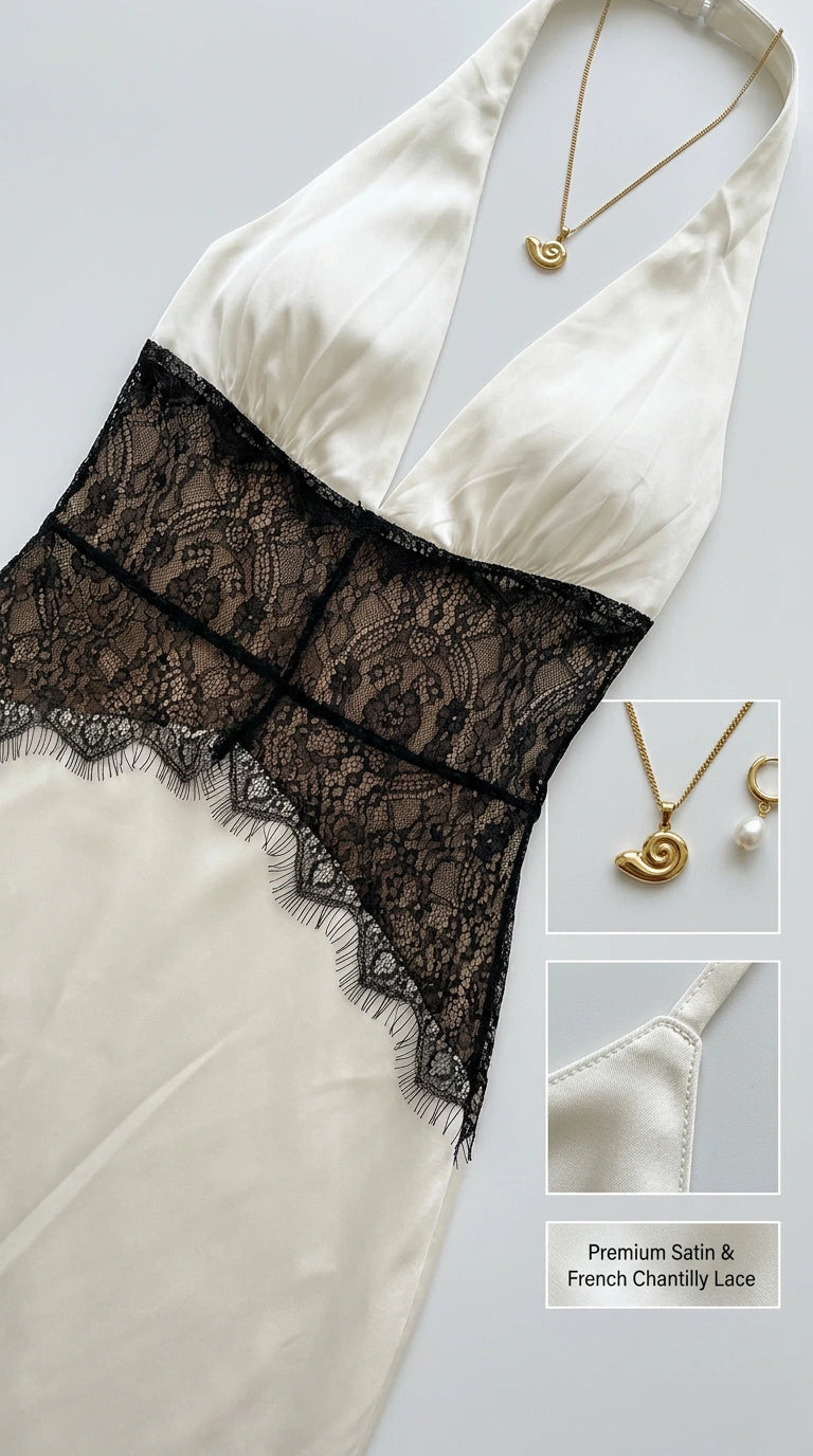 Close-up flat lay of white satin plunge bodice with black floral lace detail