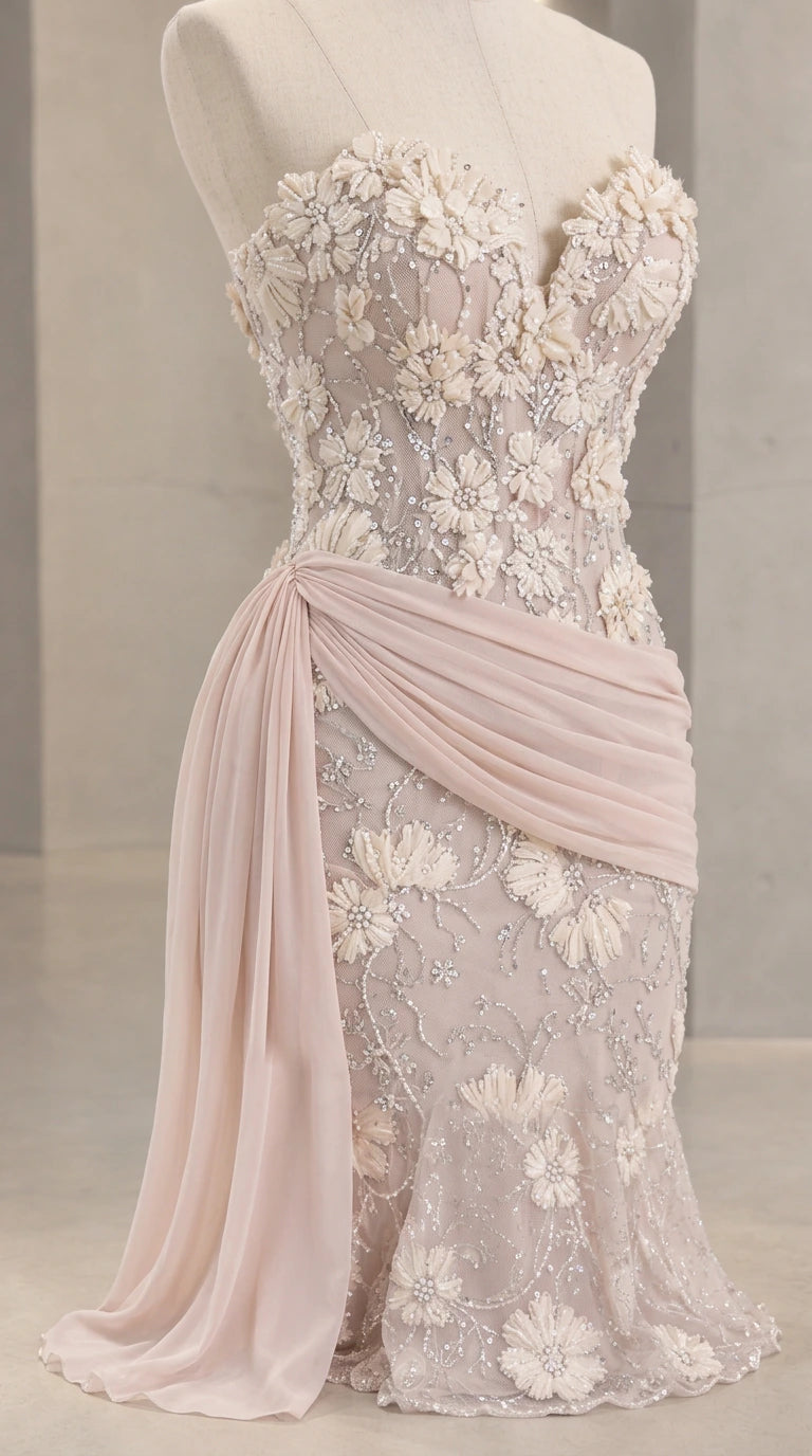 Close-up detail of 3D floral applique and beading on strapless bodice with drape