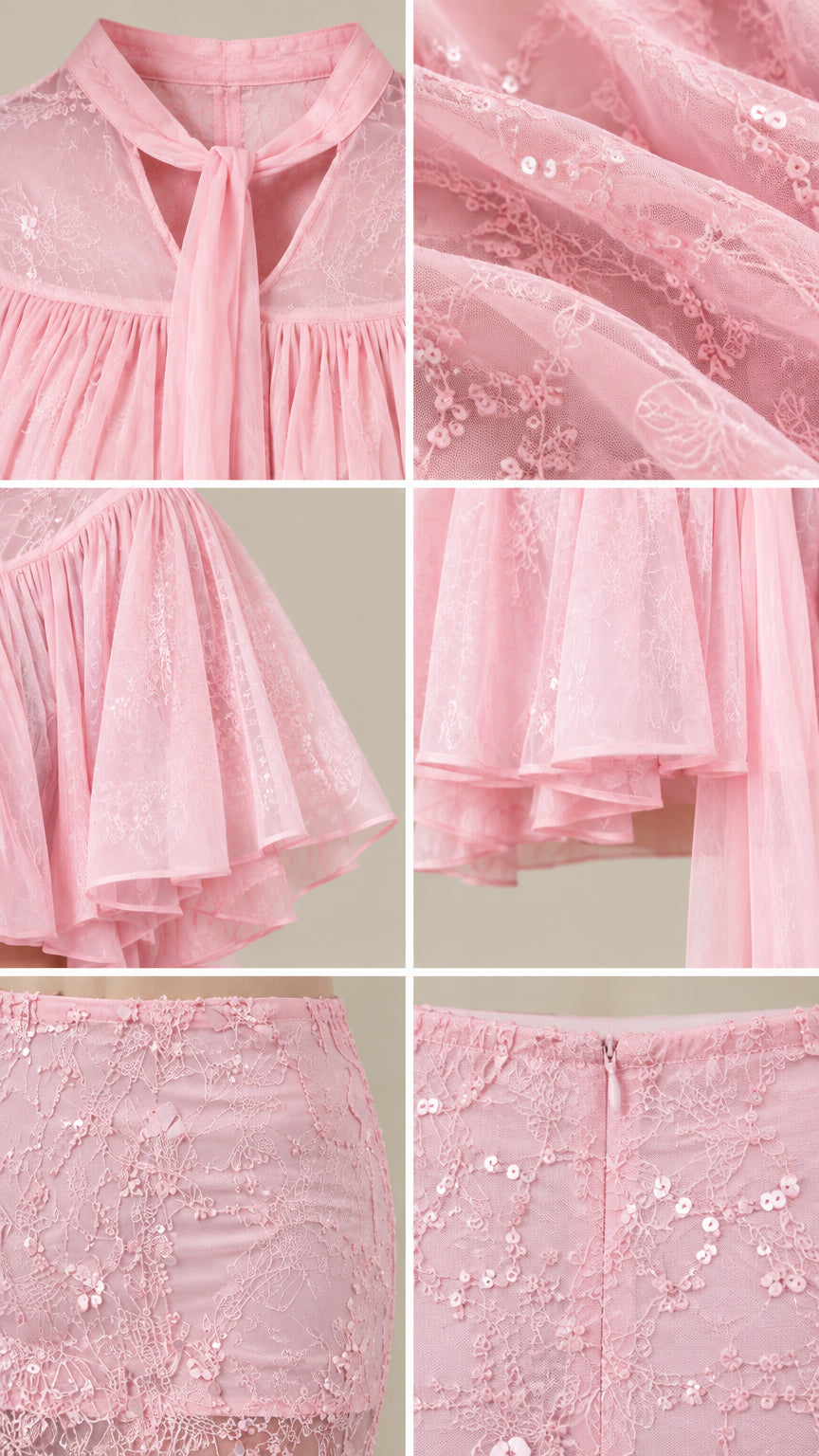 Close-up details of tie neckline, floral sequin lace embroidery, and rear zipper closure