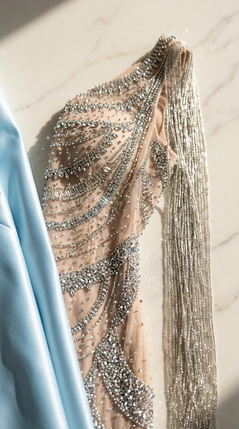Close-up detail of intricate silver beadwork, fringe, and satin wrap fabric