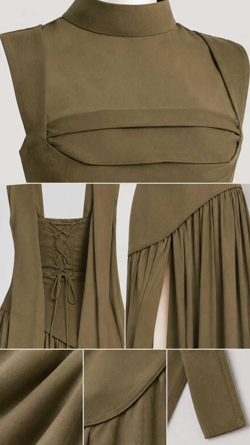 Close-up details of collar neckline, lace-up back, pleated seam, and fabric texture