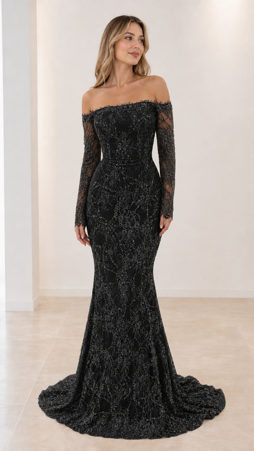 Model wearing Black off-the-shoulder long sleeve sequin lace mermaid evening dress