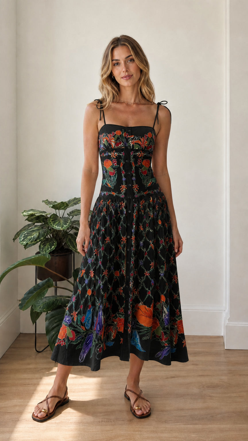 Model wearing black botanical print tie-shoulder midi dress