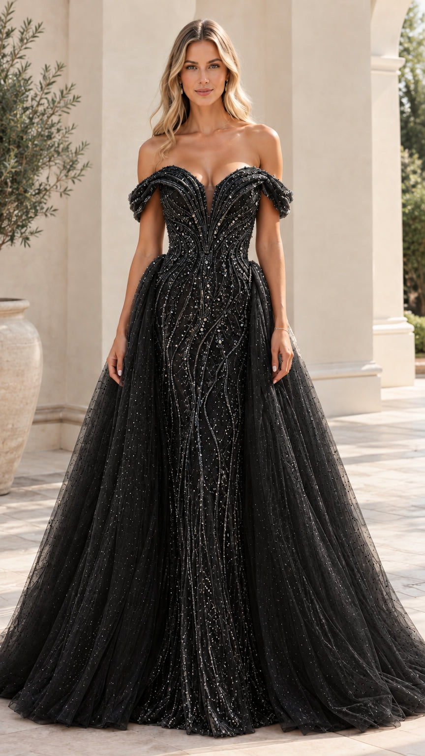 Black off-the-shoulder beaded formal gown with sweeping overskirt