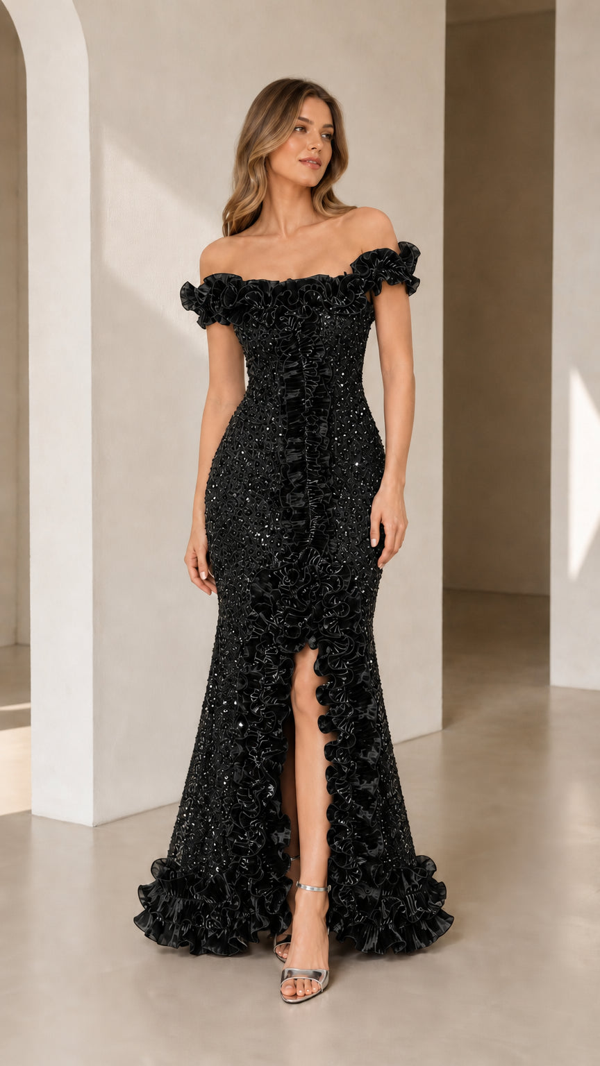 Black off-the-shoulder sequin mermaid evening gown with ruffle trim