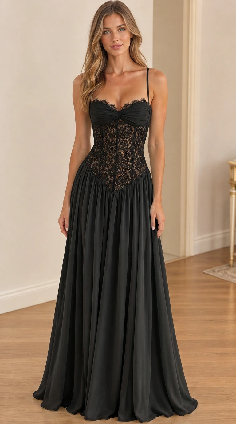Model wearing black sweetheart lace corset formal maxi dress